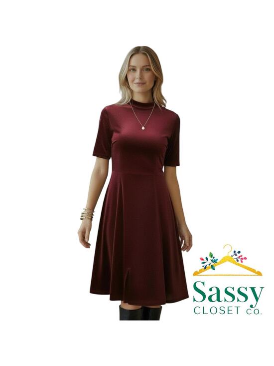 Isaac Mizrahi Dresses & Skirts - ✨ ISAAC MIZRAHI Burgundy Fit & Flare Velvet Touch Dress 4 EUC Short Sleeve 🍷
